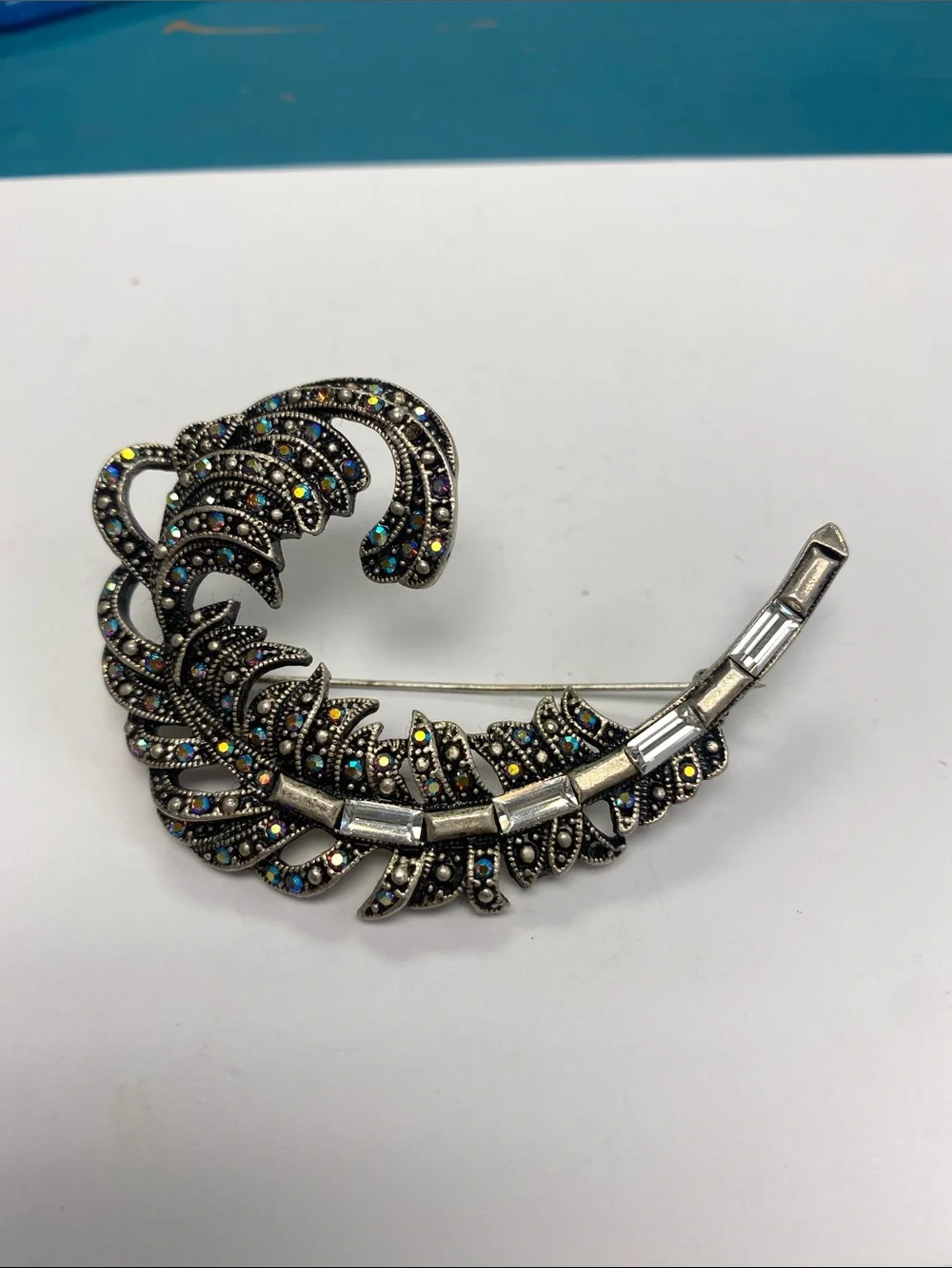 Vintage-Inspired Silver Tone Aurora Borealis Feather Brooch